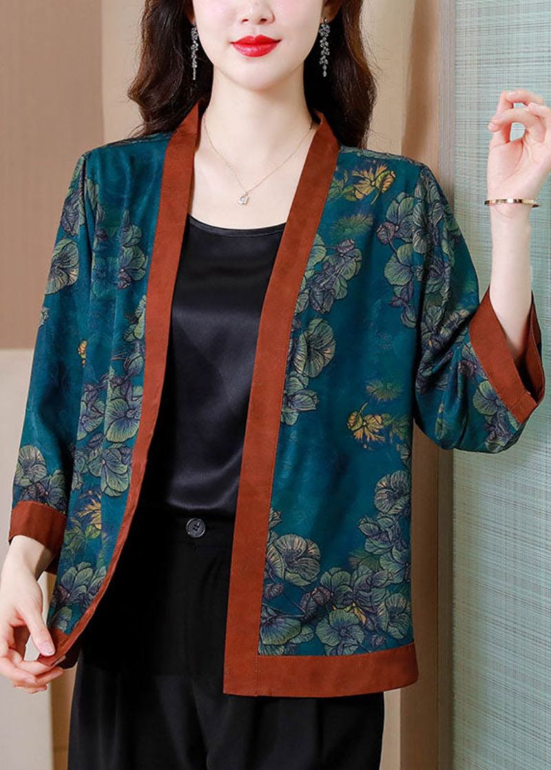 Cardigan D'été En Soie Imprimé Bleu Style Chinois Patchwork - Cardigans femmes