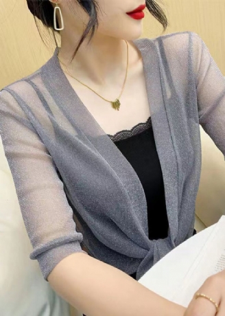 Cardigan D'été En Tulle Gris Français À Lacets Et Col En V