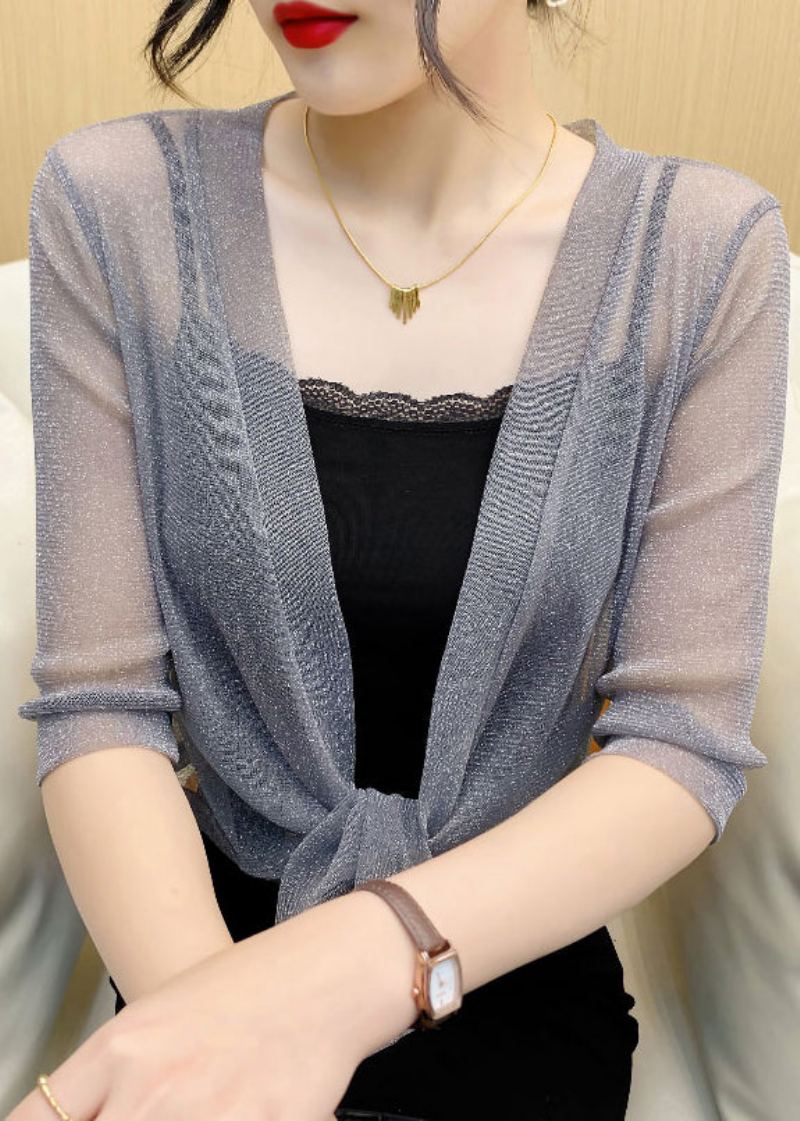 Cardigan D'été En Tulle Gris Français À Lacets Et Col En V - Cardigans femmes