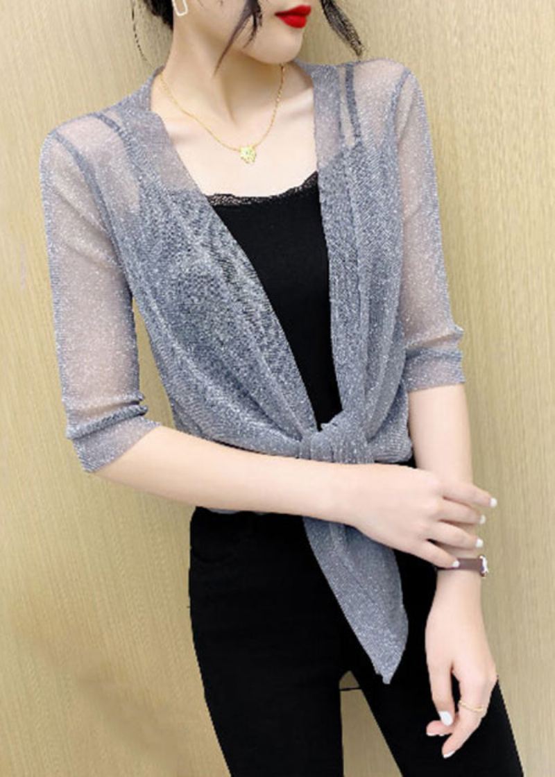 Cardigan D'été En Tulle Gris Français À Lacets Et Col En V - Cardigans femmes