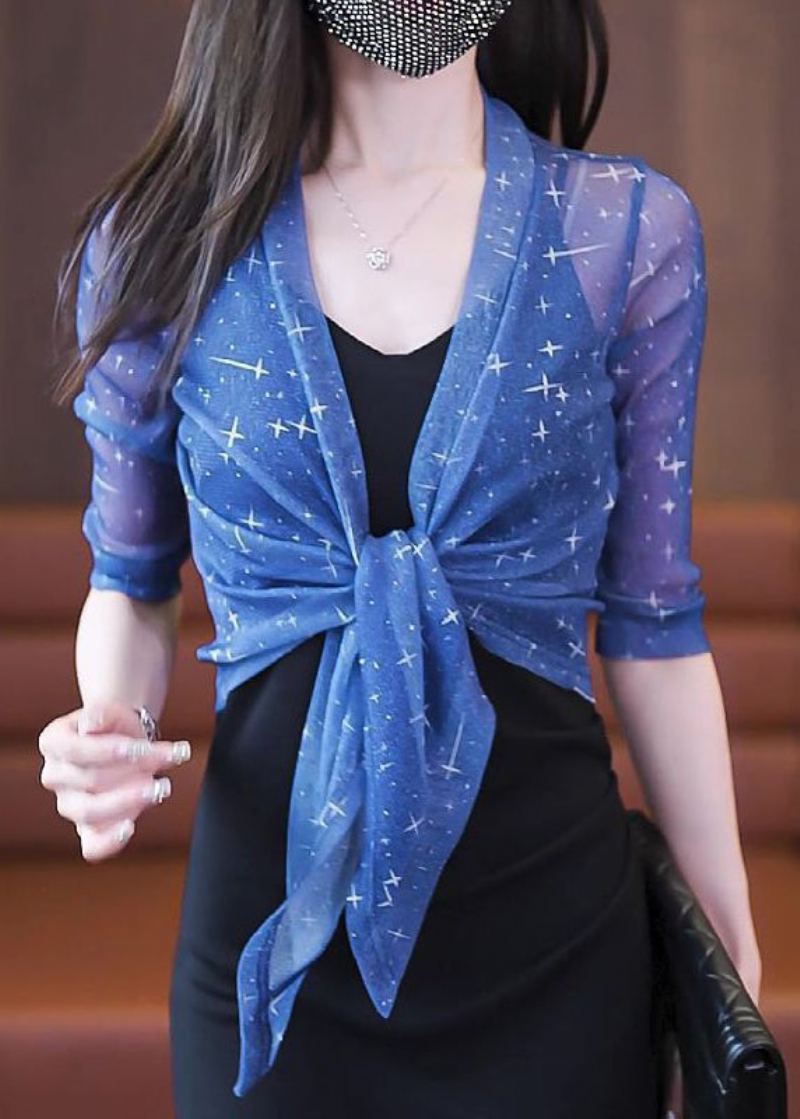 Cardigan D'été En Tulle À Lacets Et Col En V Bleu Coupe Slim - Cardigans femmes