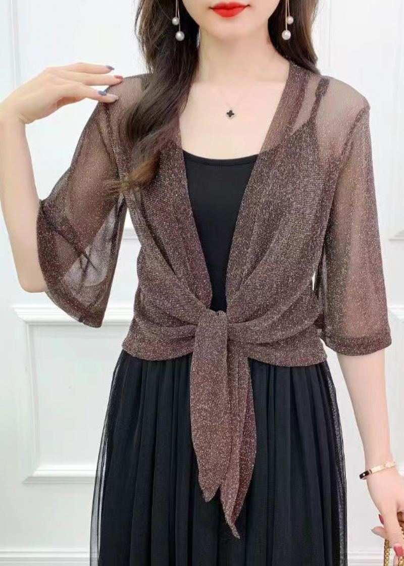 Cardigan D'été En Tulle De Soie Brillant Café Simple Solide