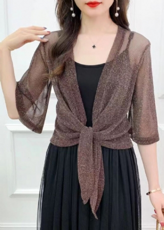 Cardigan D'été En Tulle De Soie Brillant Café Simple Solide