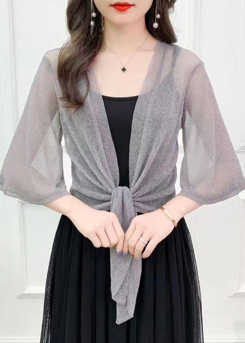 Cardigan D'été En Tulle De Soie Brillant Café Simple Solide - Cardigans femmes