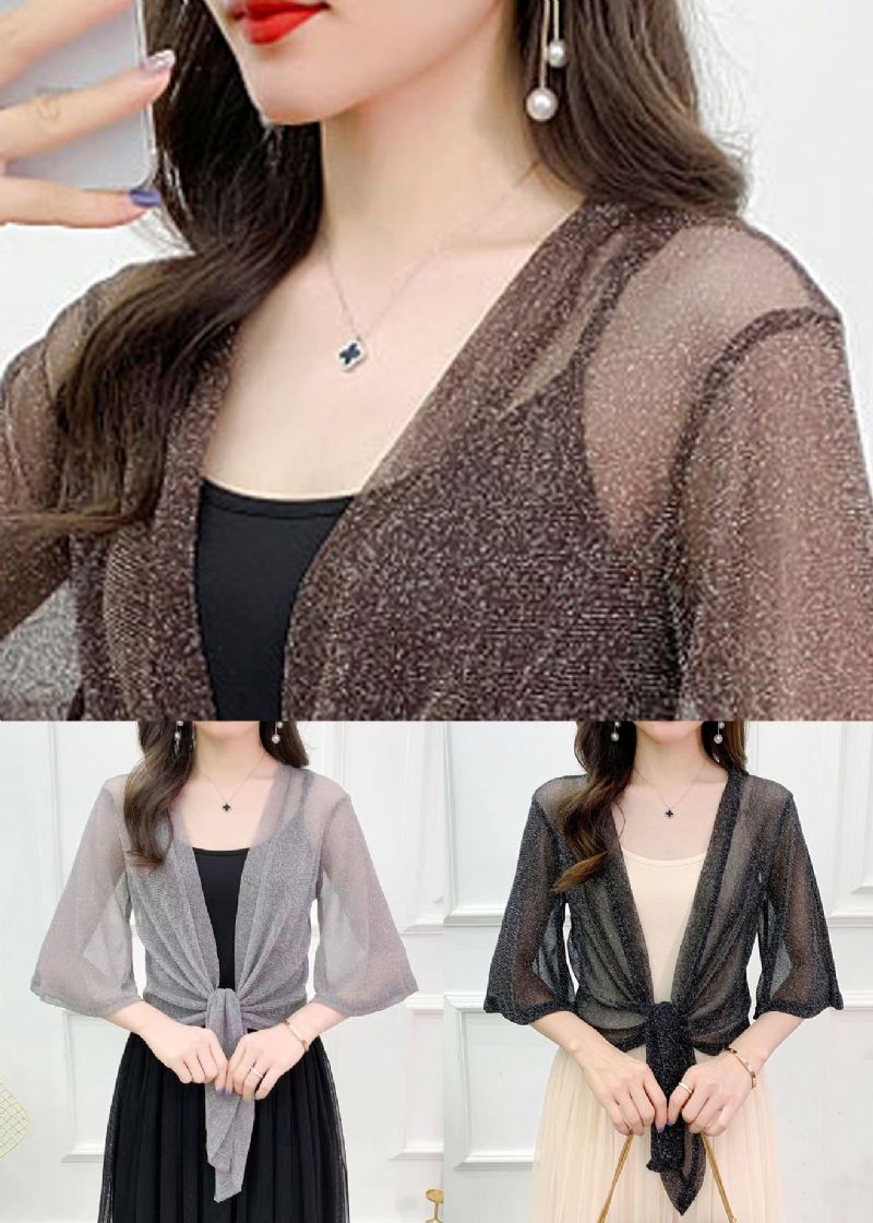 Cardigan D'été En Tulle De Soie Brillant Café Simple Solide - Cardigans femmes