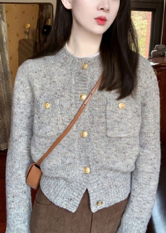 Cardigan Gris Chic À Col Rond Et Boutons En Tricot Pull Court Automne