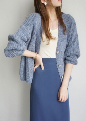 Cardigan D'hiver En Laine À Boutons Bleus Fins De Grande Taille