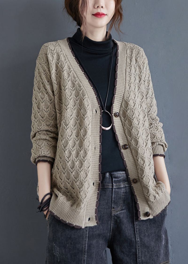 Cardigan Kaki Ample À Col En V Et Boutons En Tricot Automne