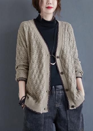 Cardigan Kaki Ample À Col En V Et Boutons En Tricot Automne