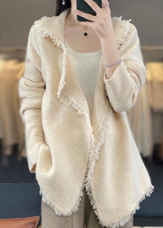 Cardigan En Laine Confortable En Patchwork À Franges Beige Français Automne