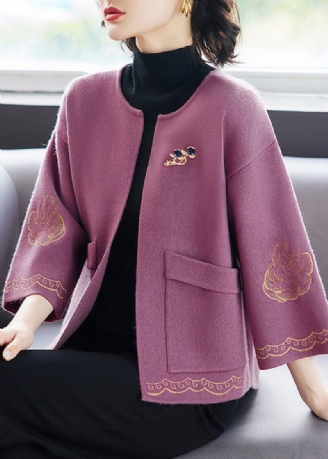 Cardigan En Laine Violet Pour Femmes Col Rond Poches Imprimées Patchwork Automne