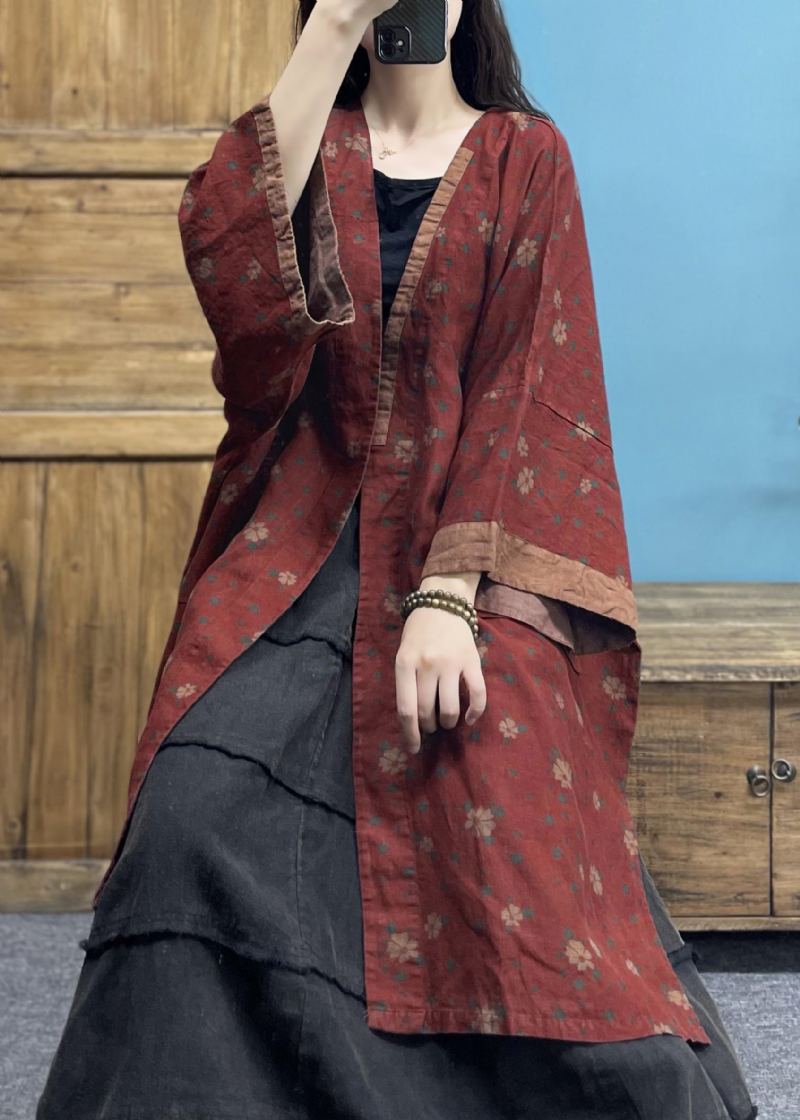 Cardigan En Lin Ample Imprimé Rouge Patchwork Col En V Printemps