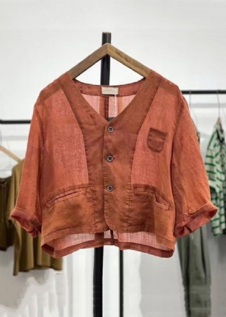 Cardigan En Lin Avec Poches Boutonnées Orange Pour Femme Printemps