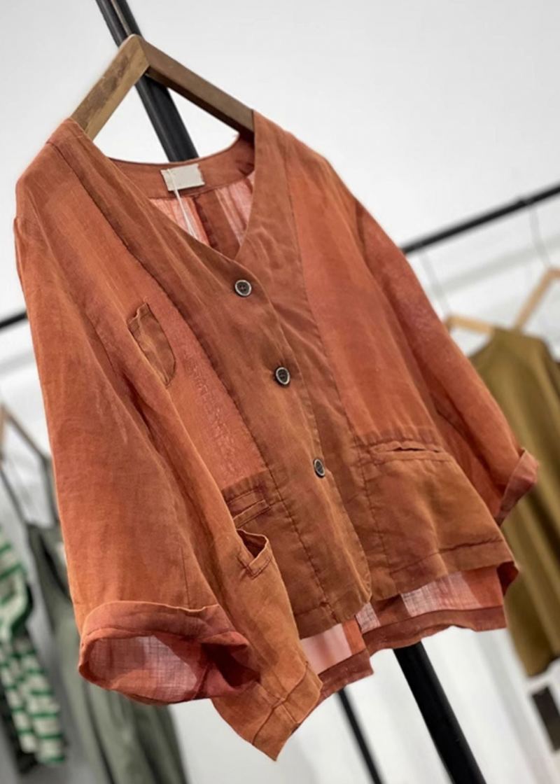 Cardigan En Lin Avec Poches Boutonnées Orange Pour Femme Printemps - Cardigans femmes