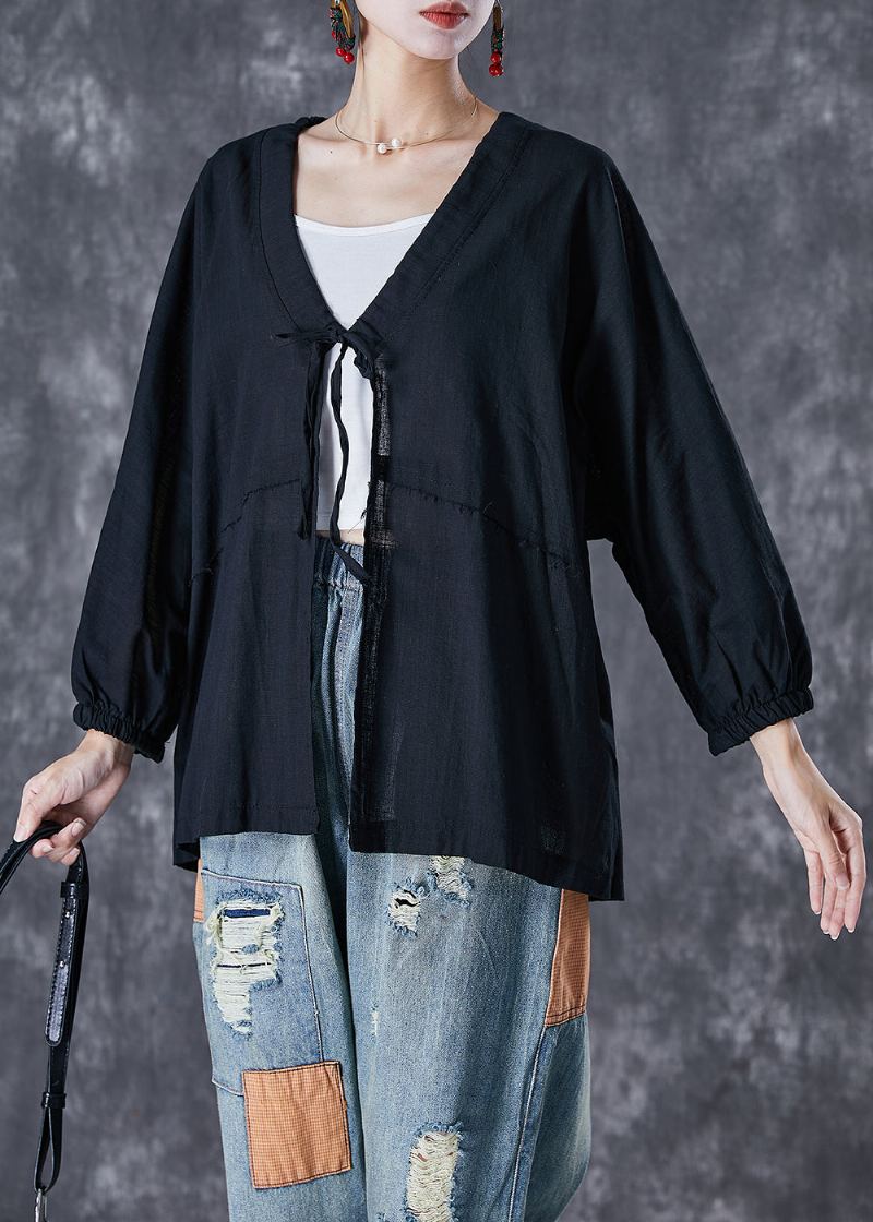 Cardigan En Lin Surdimensionné Noir Boho À Lacets Automne