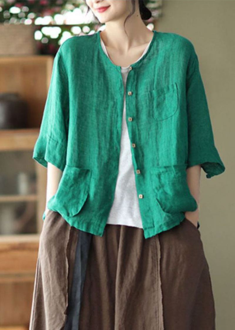 Cardigan En Lin Vert Avec Poches Unies Col Rond Bouton Demi-manches