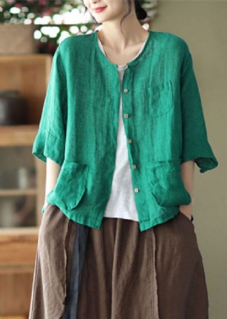 Cardigan En Lin Vert Avec Poches Unies Col Rond Bouton Demi-manches