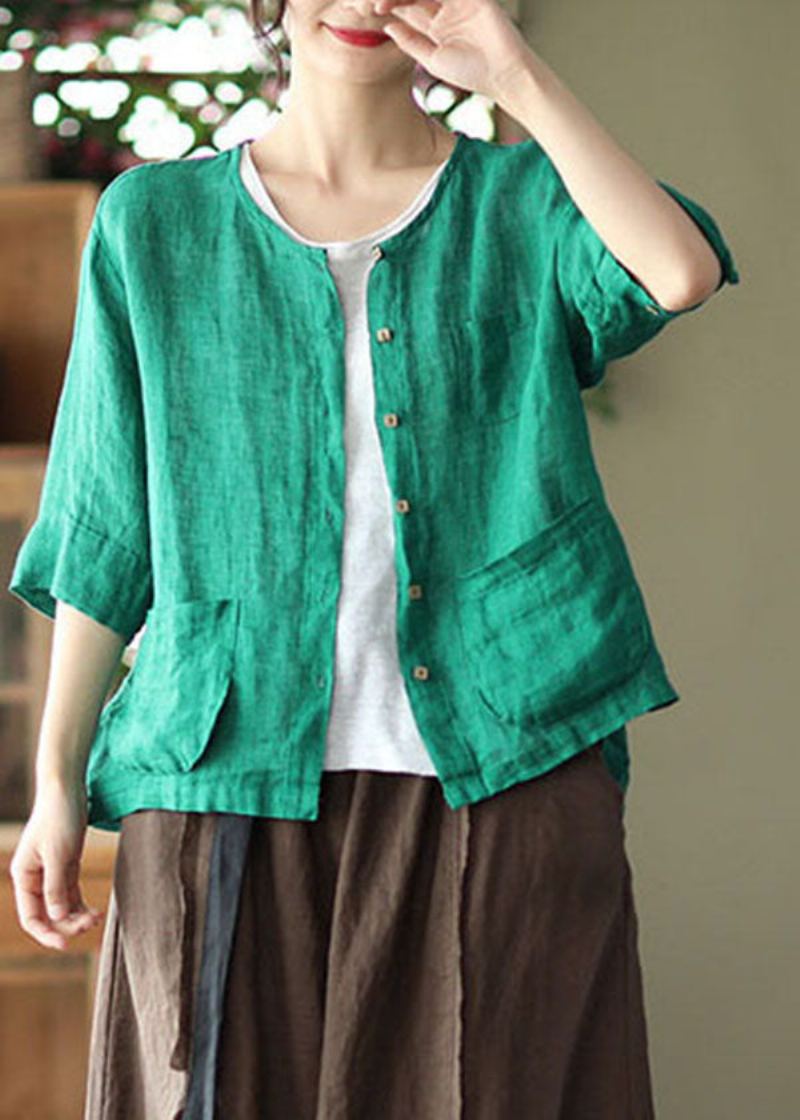 Cardigan En Lin Vert Avec Poches Unies Col Rond Bouton Demi-manches - Vert