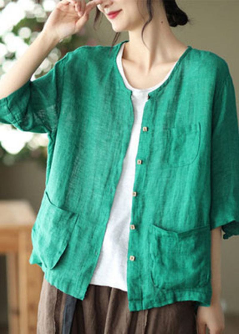 Cardigan En Lin Vert Avec Poches Unies Col Rond Bouton Demi-manches - Vert