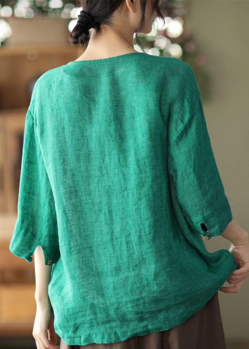 Cardigan En Lin Vert Avec Poches Unies Col Rond Bouton Demi-manches - Vert