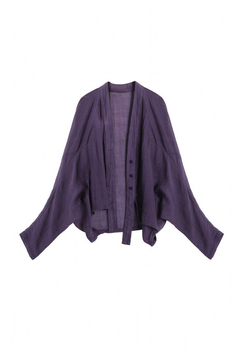 Cardigan En Lin Violet Col En V Manches Chauve-souris Original Nouveauté 2024 - Cardigans femmes