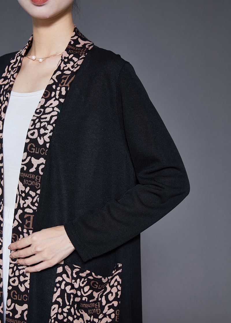 Cardigan Long En Coton Avec Poches Patchwork Surdimensionné Noir Français Automne - Cardigans femmes