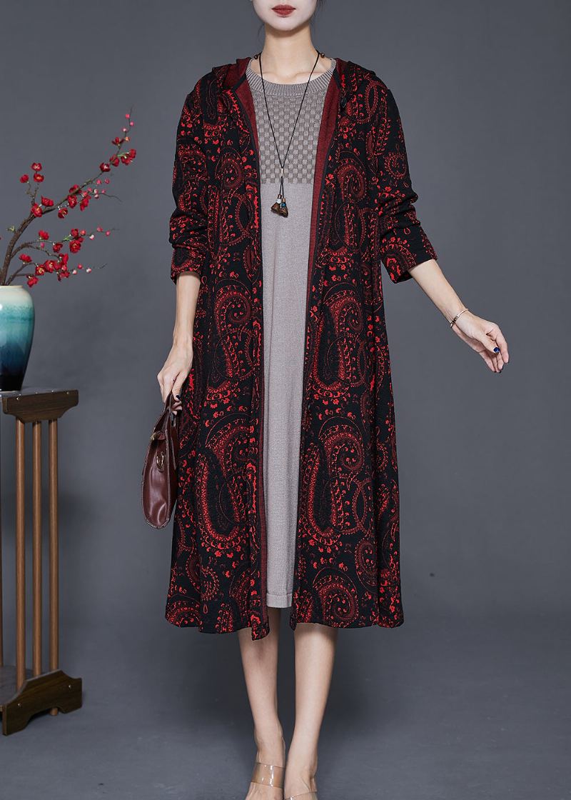 Cardigan Long En Coton Imprimé Surdimensionné Rouge Terne Italien Automne