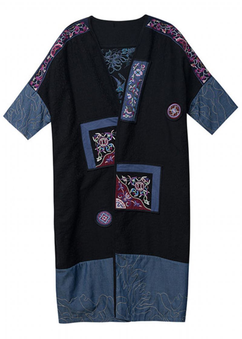 Cardigan Long En Denim Brodé Noir Grande Taille Patchwork Automne - Cardigans femmes