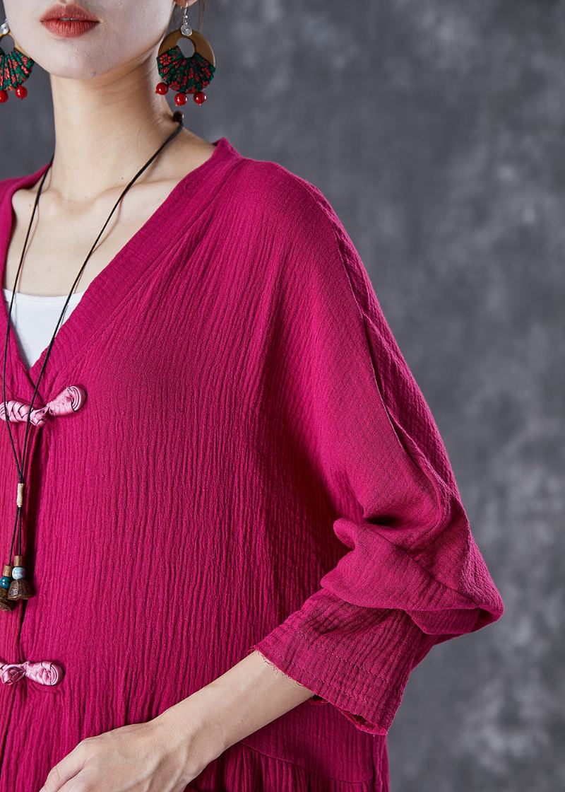 Cardigan Long En Lin Froissé Avec Boutons Chinois Rose Élégant Automne - Cardigans femmes