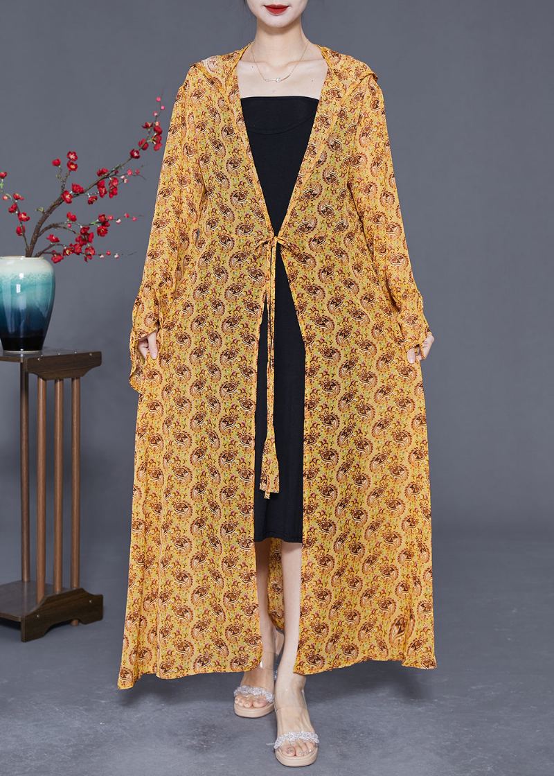 Cardigan Long En Mousseline De Soie Imprimé À Capuche Jaune Grande Taille Été