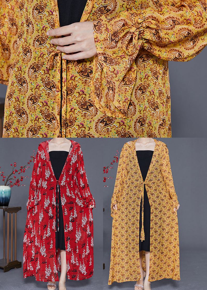 Cardigan Long En Mousseline De Soie Imprimé À Capuche Jaune Grande Taille Été - Cardigans femmes