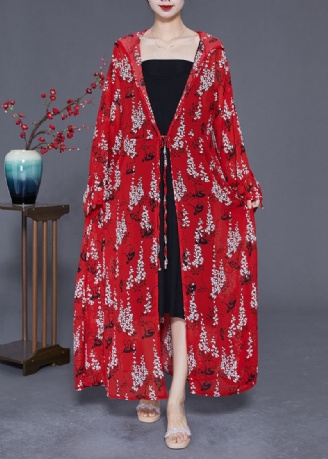 Cardigan Long En Mousseline De Soie Imprimé Rouge Capuche Cravate À La Taille Été