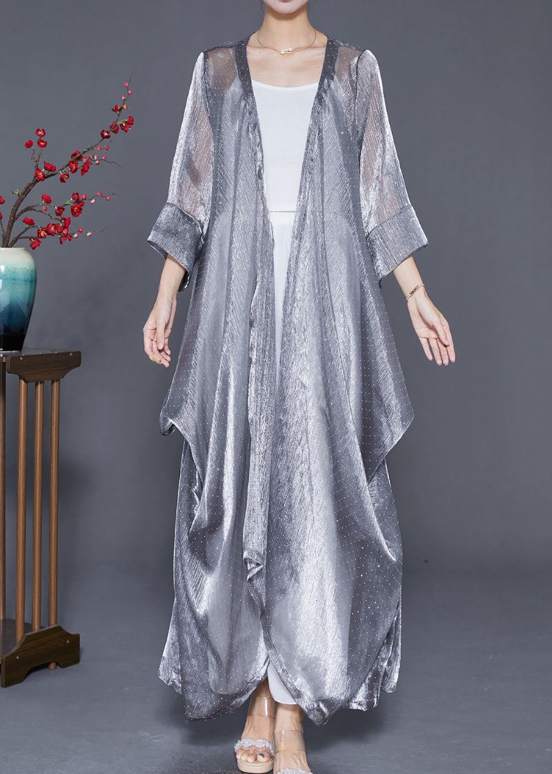 Cardigan Long En Soie Froissée Élégant Argent Surdimensionné Été