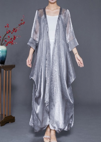 Cardigan Long En Soie Froissée Élégant Argent Surdimensionné Été