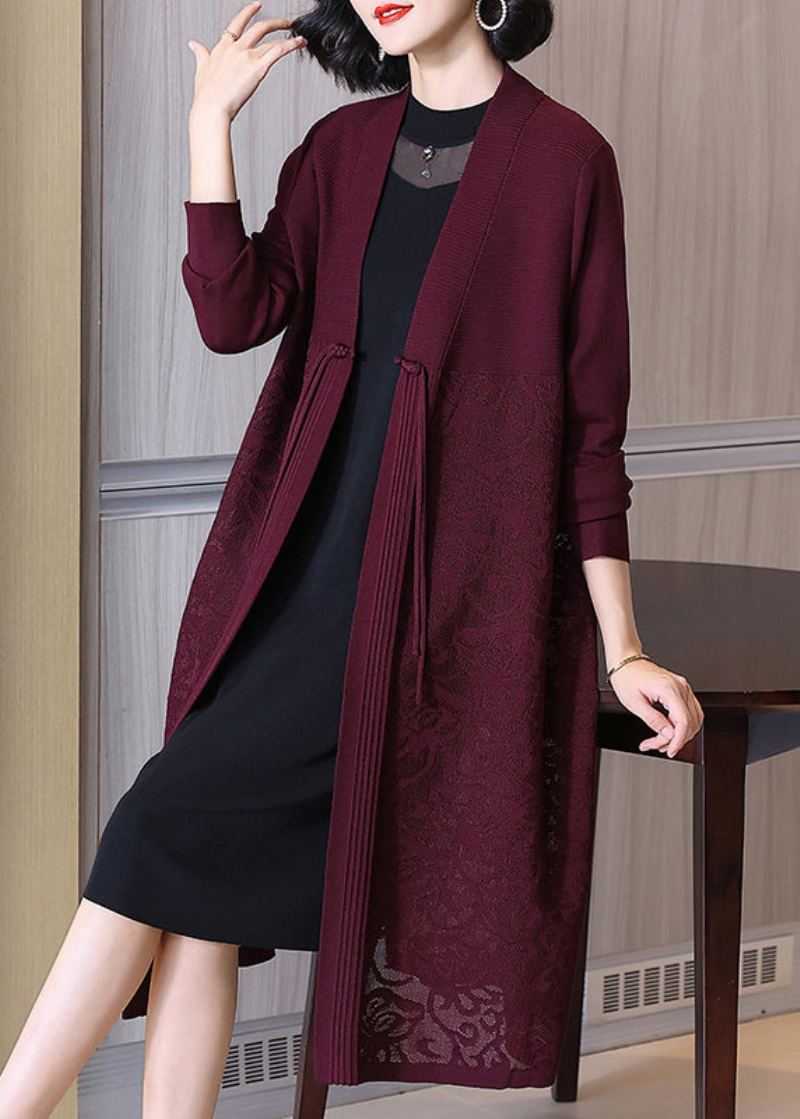 Cardigan Long En Tricot De Coton Ajouré Avec Boutons Rouge Vin Fleuri Printemps