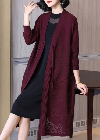 Cardigan Long En Tricot De Coton Ajouré Avec Boutons Rouge Vin Fleuri Printemps