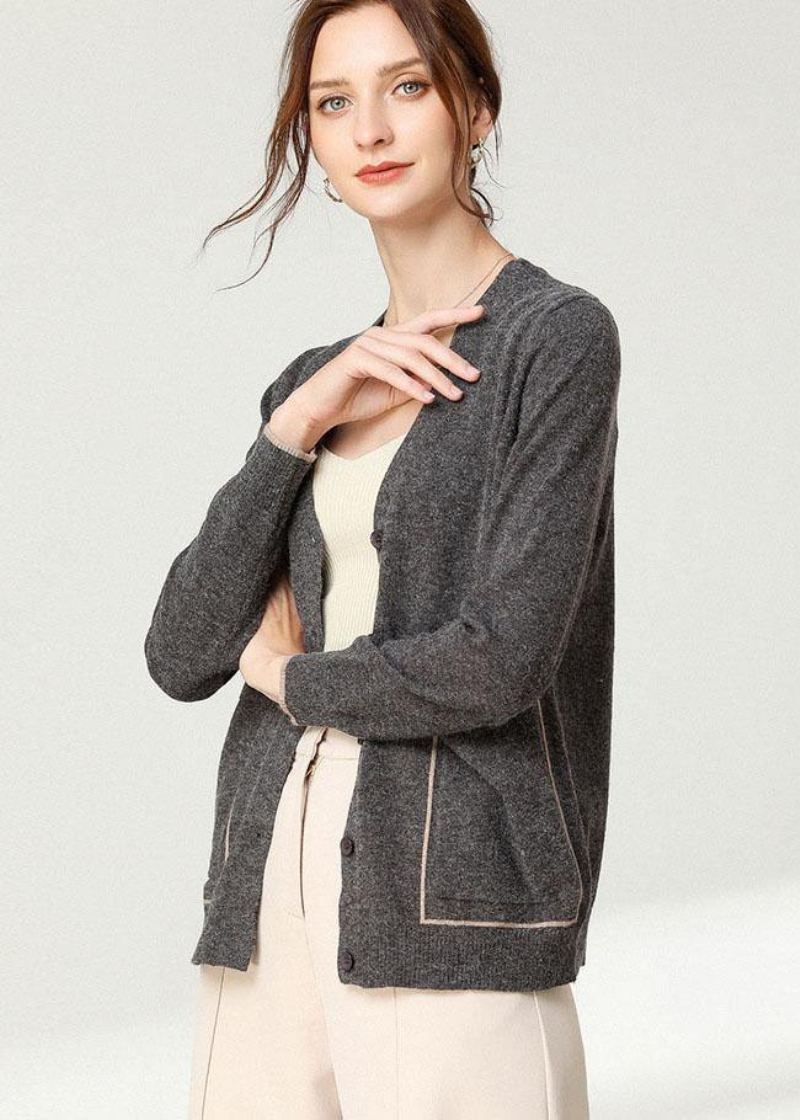 Cardigan À Manches Longues Boutonné En Tricot Noir Boho - Kaki