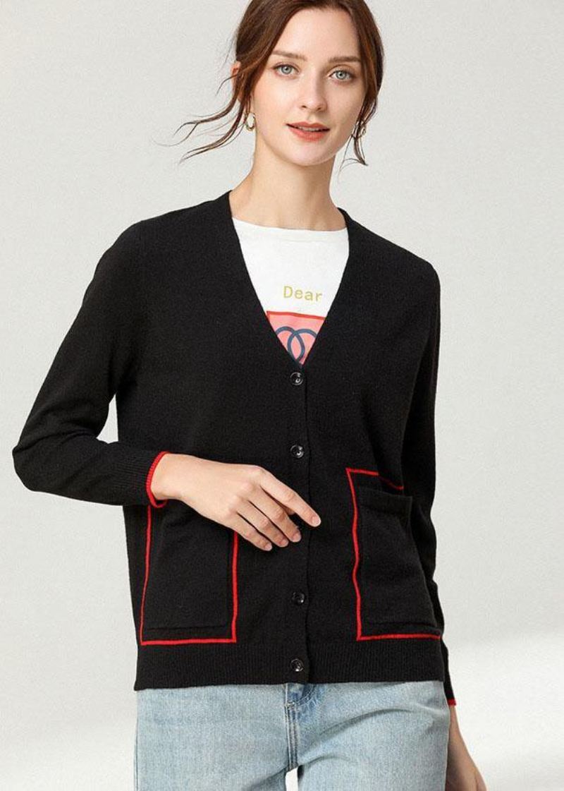 Cardigan À Manches Longues Boutonné En Tricot Noir Boho - Kaki