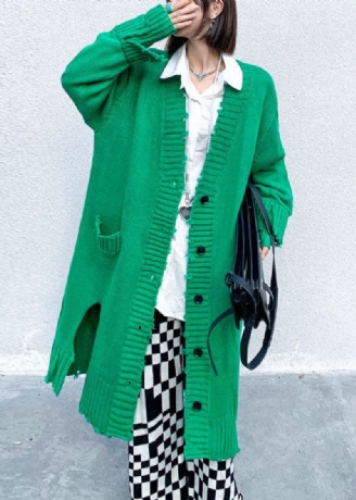 Cardigan À Manches Longues En Tricot D'automne Avec Bouton Ouvert Sur Le Côté Et Trou Vert De Grande Taille