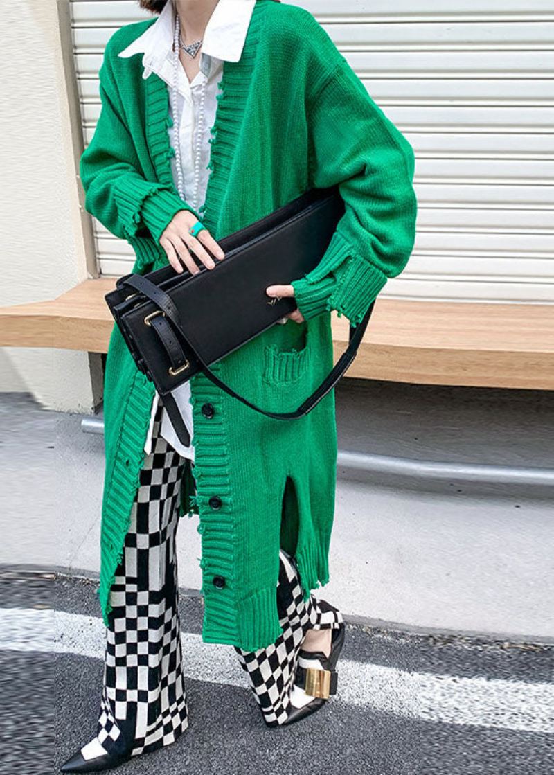 Cardigan À Manches Longues En Tricot D'automne Avec Bouton Ouvert Sur Le Côté Et Trou Vert De Grande Taille - Cardigans femmes