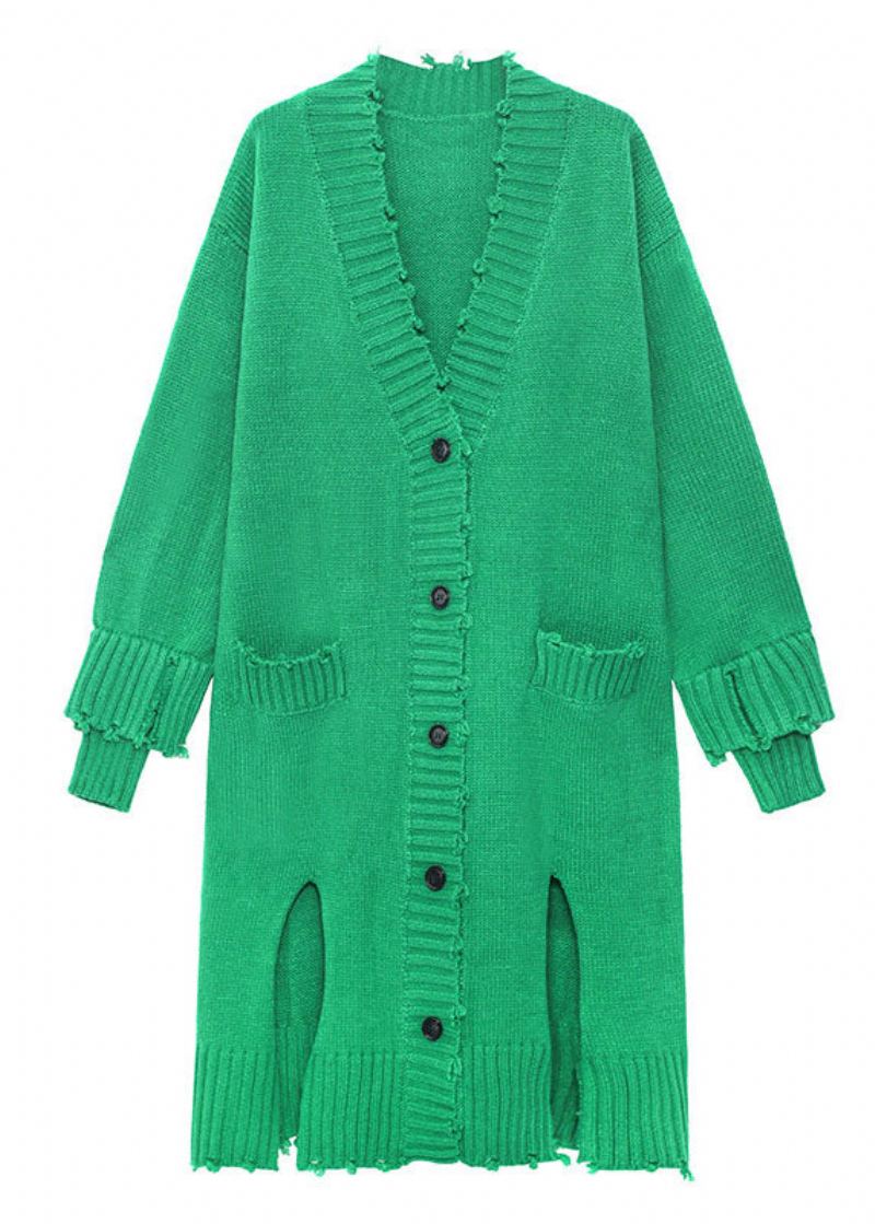 Cardigan À Manches Longues En Tricot D'automne Avec Bouton Ouvert Sur Le Côté Et Trou Vert De Grande Taille - Cardigans femmes