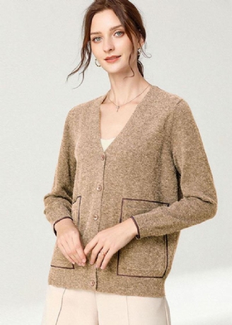 Cardigan De Printemps Kaki Italien À Manches Longues Et Col En V Avec Poches