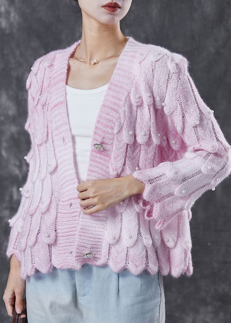 Cardigan Rose En Tricot Avec Perles Et Col En V Boutique Printemps