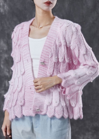 Cardigan Rose En Tricot Avec Perles Et Col En V Boutique Printemps