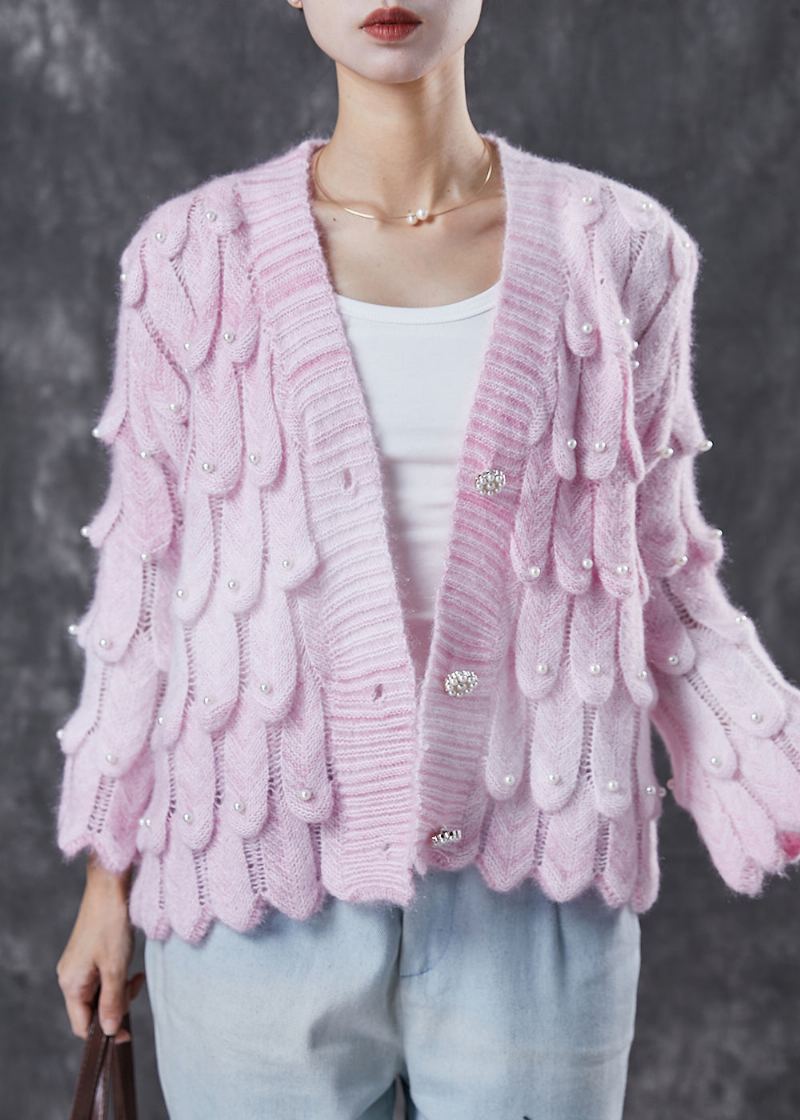 Cardigan Rose En Tricot Avec Perles Et Col En V Boutique Printemps - Cardigans femmes