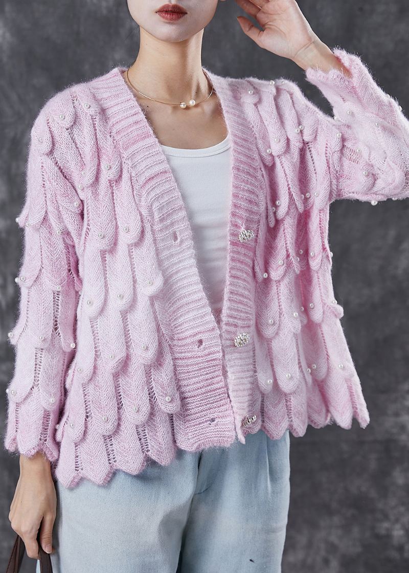 Cardigan Rose En Tricot Avec Perles Et Col En V Boutique Printemps - Cardigans femmes