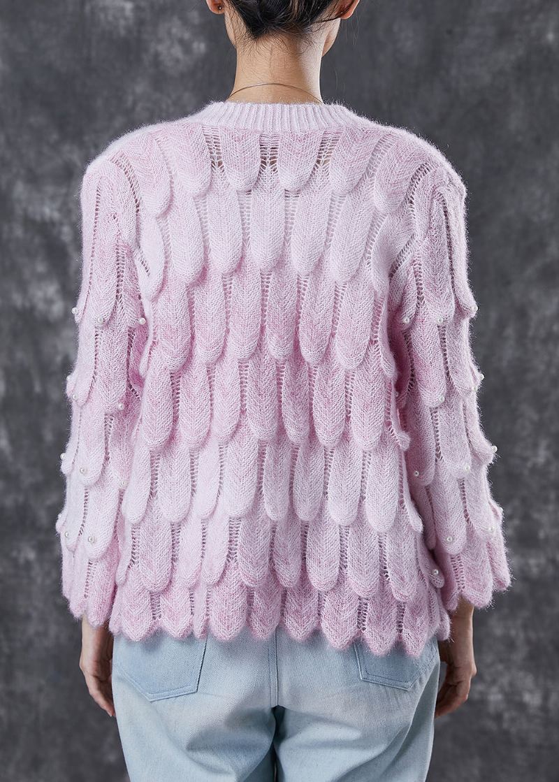 Cardigan Rose En Tricot Avec Perles Et Col En V Boutique Printemps - Cardigans femmes