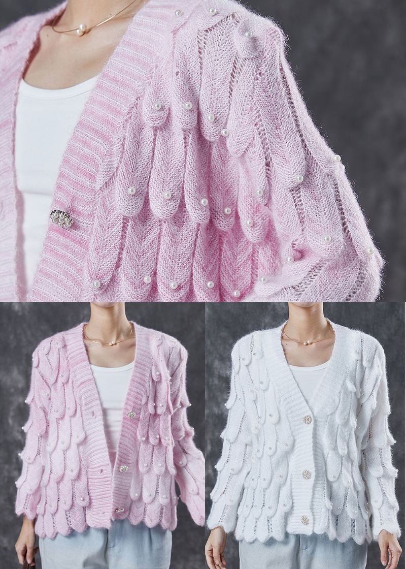 Cardigan Rose En Tricot Avec Perles Et Col En V Boutique Printemps - Cardigans femmes