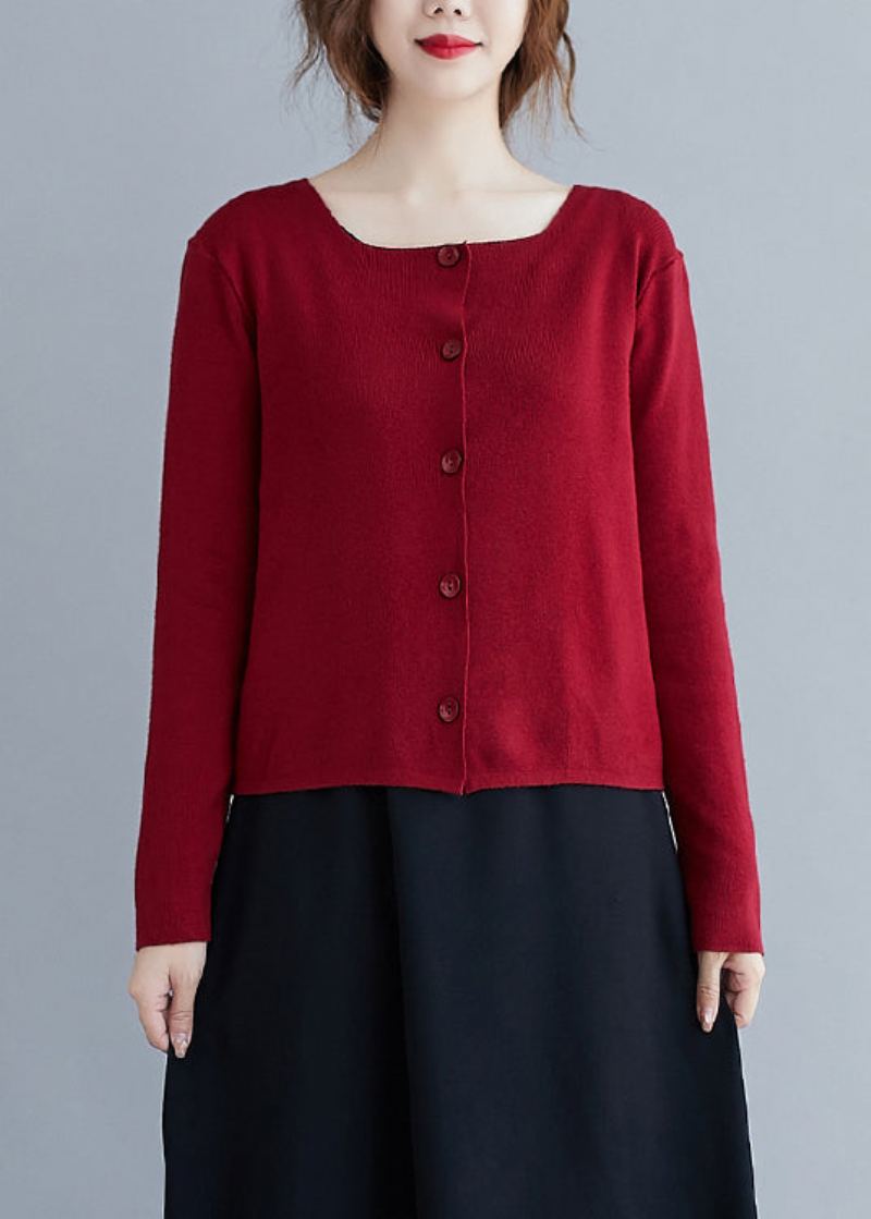 Cardigan Rouge En Coton Pour Femmes Col Rond Boutons Patchwork Tricot Automne - Cardigans femmes