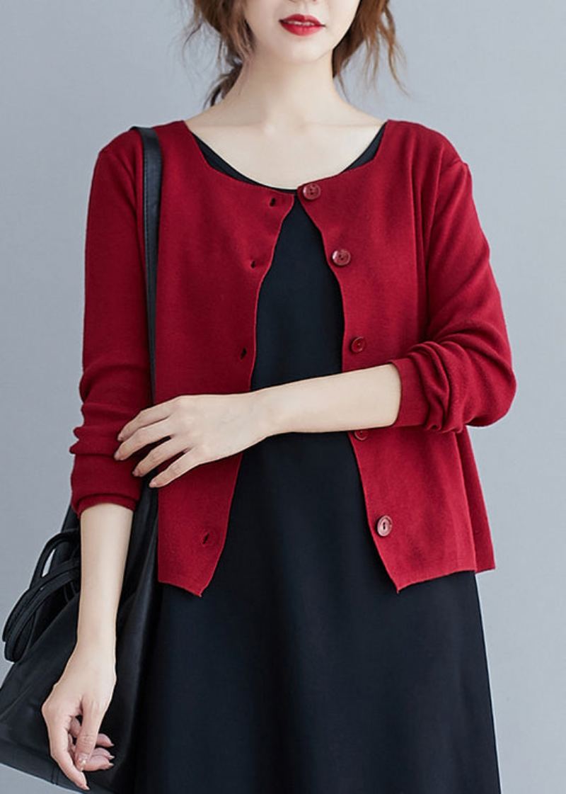 Cardigan Rouge En Coton Pour Femmes Col Rond Boutons Patchwork Tricot Automne - Cardigans femmes